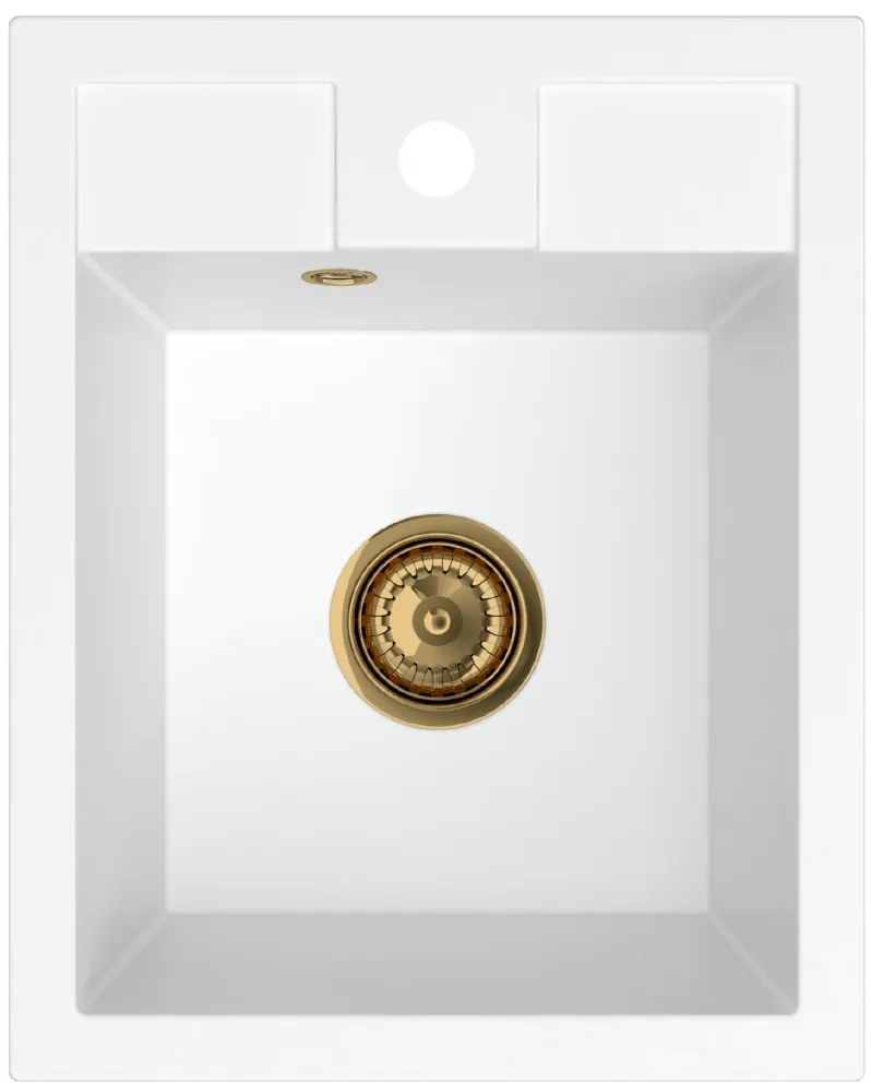 Sink Quality Ferrum 40, kuchynský granitový drez 400x500x195 mm + zlatý sifón, biela, SKQ-FER.W.1K40.XG