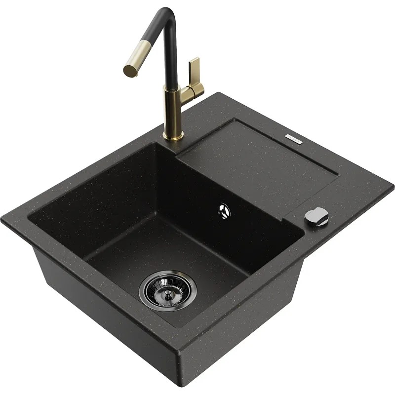 Mexen Enzo, 1-komorový granitový drez 576x465x174 mm a drezová batéria Flora, čierna-zlatá metalíza, 6506-75-670401-57-B