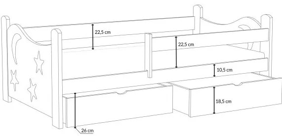 Detská posteľ z masívu borovice STARS s výrezom a šuplíkmi - 200x90 cm - PRÍRODNÁ BOROVICA