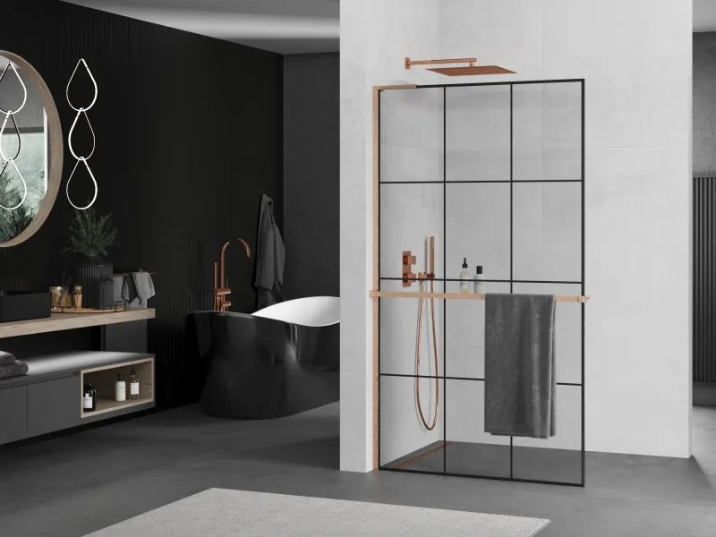 Mexen Kioto+ L, sprchová zástena Walk-In s poličkou a vešiakom 100 x 200 cm, 8mm číre sklo čierny vzor, medený matný profil, 800-100-123-65-77
