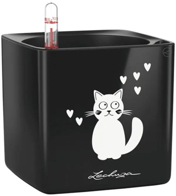 Lechuza Cube Glossy CAT 14 All inclusive set mačka čierny kvetináč 14x14x14 cm