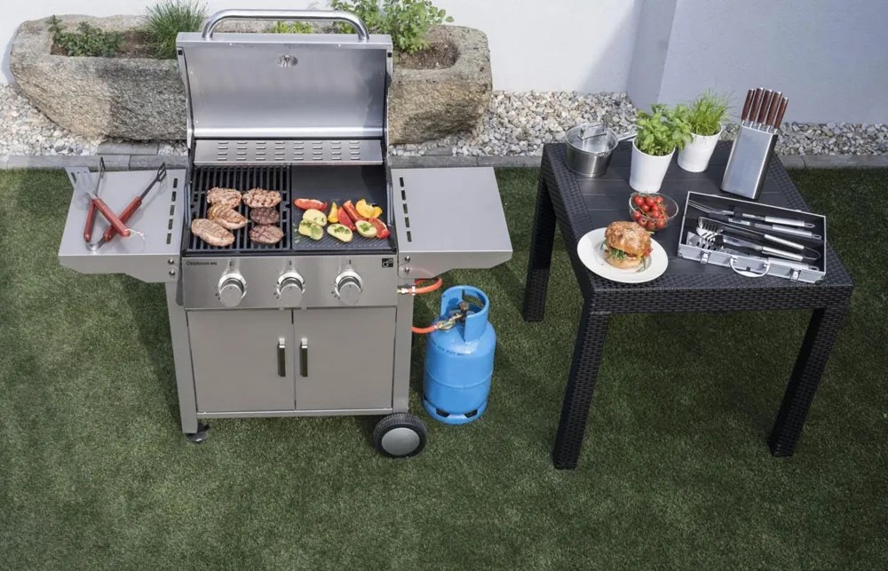Plynový gril OKLAHOMA BBQ, 3 horáky, s redukčným ventilom, strieborná Penta CZ