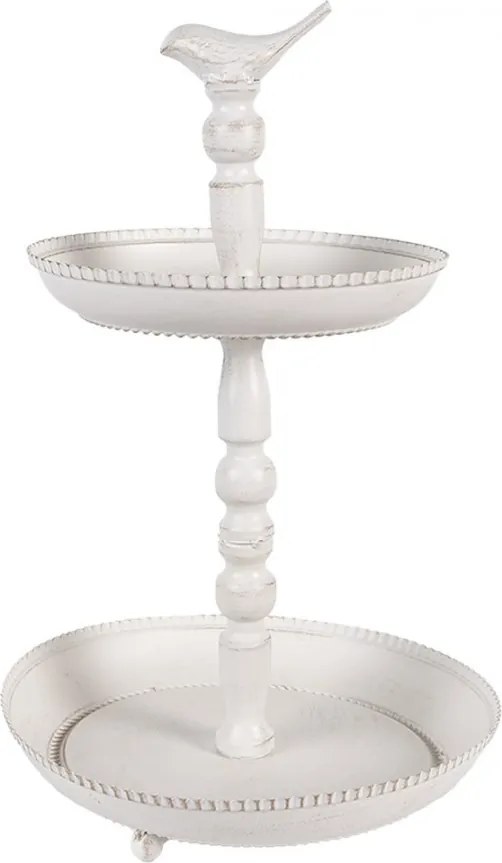 Biely antik kovový dekoračný dvojposchodový etažér s vtáčikom Birdie - Ø 27*41 cm