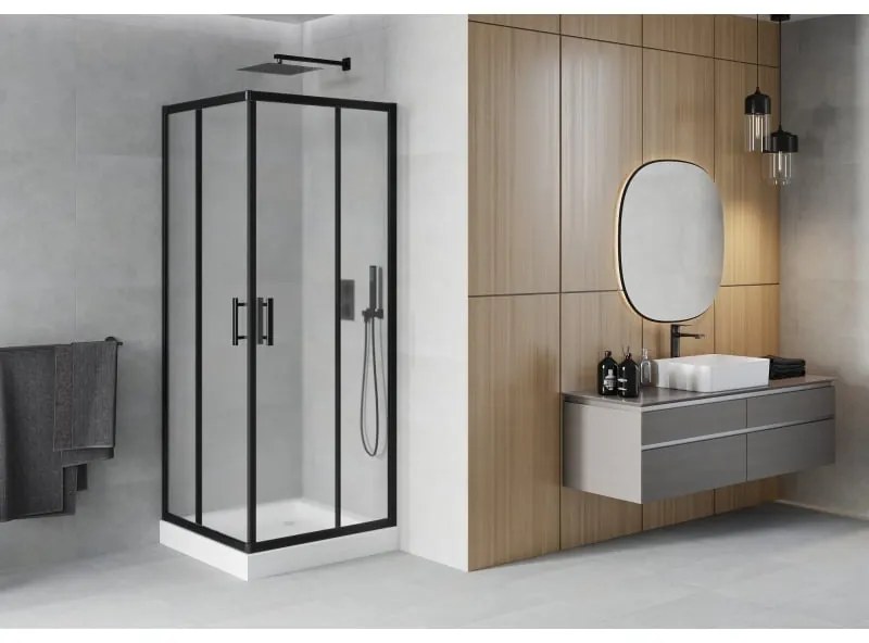 Mexen Rio, štvorcový sprchovací kút s posuvnými dverami 70(dvere) x 70(dvere) x 190 cm, 6mm sklo námraza, čierny profil + biela sprchová vanička RIO, 860-070-070-70-30-4510