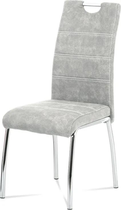 Jedálenská stolička, strieborná látka COWBOY v dekore vintage kože, biele prešitie, kovová štvornohá chrómovaná podnož