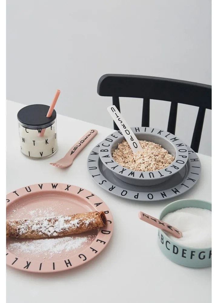 Sivý detský hlboký tanier Design Letters Eat &amp; Learn, 15,5 cm