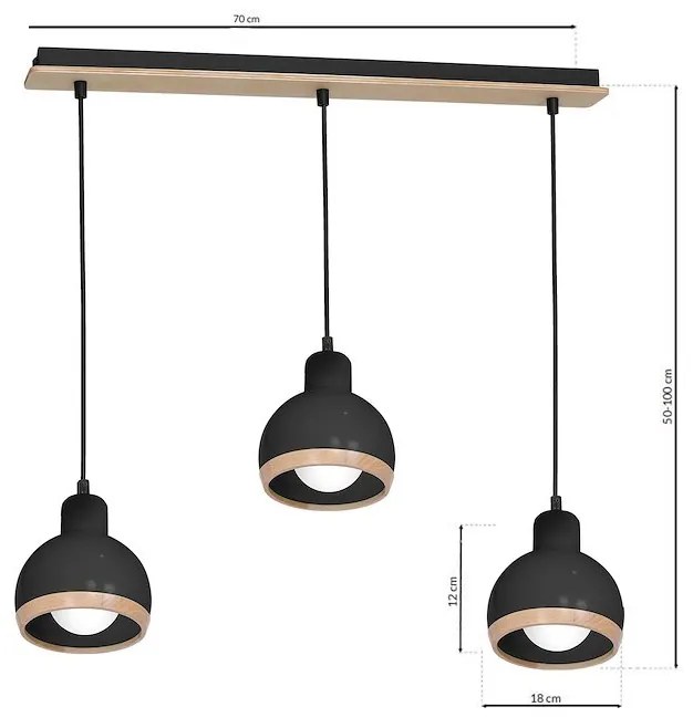 Závesné svietidlo Oval, 3x drevené/čierne kovové tienidlo, b