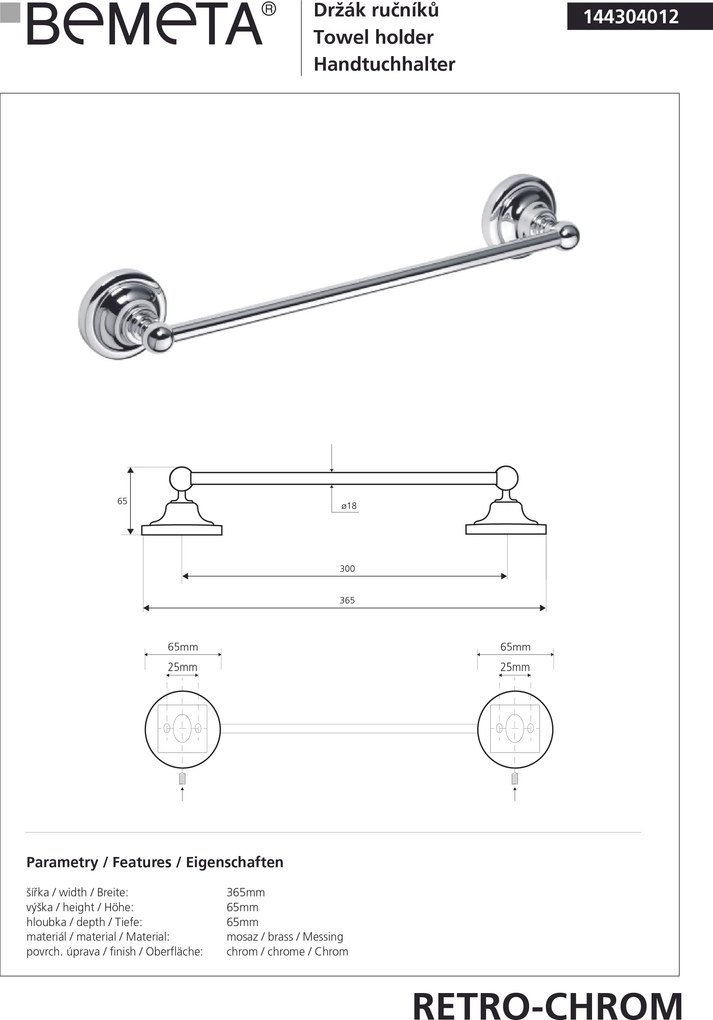 Bemeta Design RETRO chróm: Držiak uterákov, 300 mm - 144304012