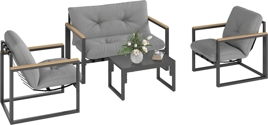 Outsunny Sada Záhradného Nábytku pre 4 Osoby - Vodoodolná Sada na Balkón so 2-Miestnou Pohovkou, Kreslom a Kávovým Stolíkom - Záhradný Lounge na Balkó
