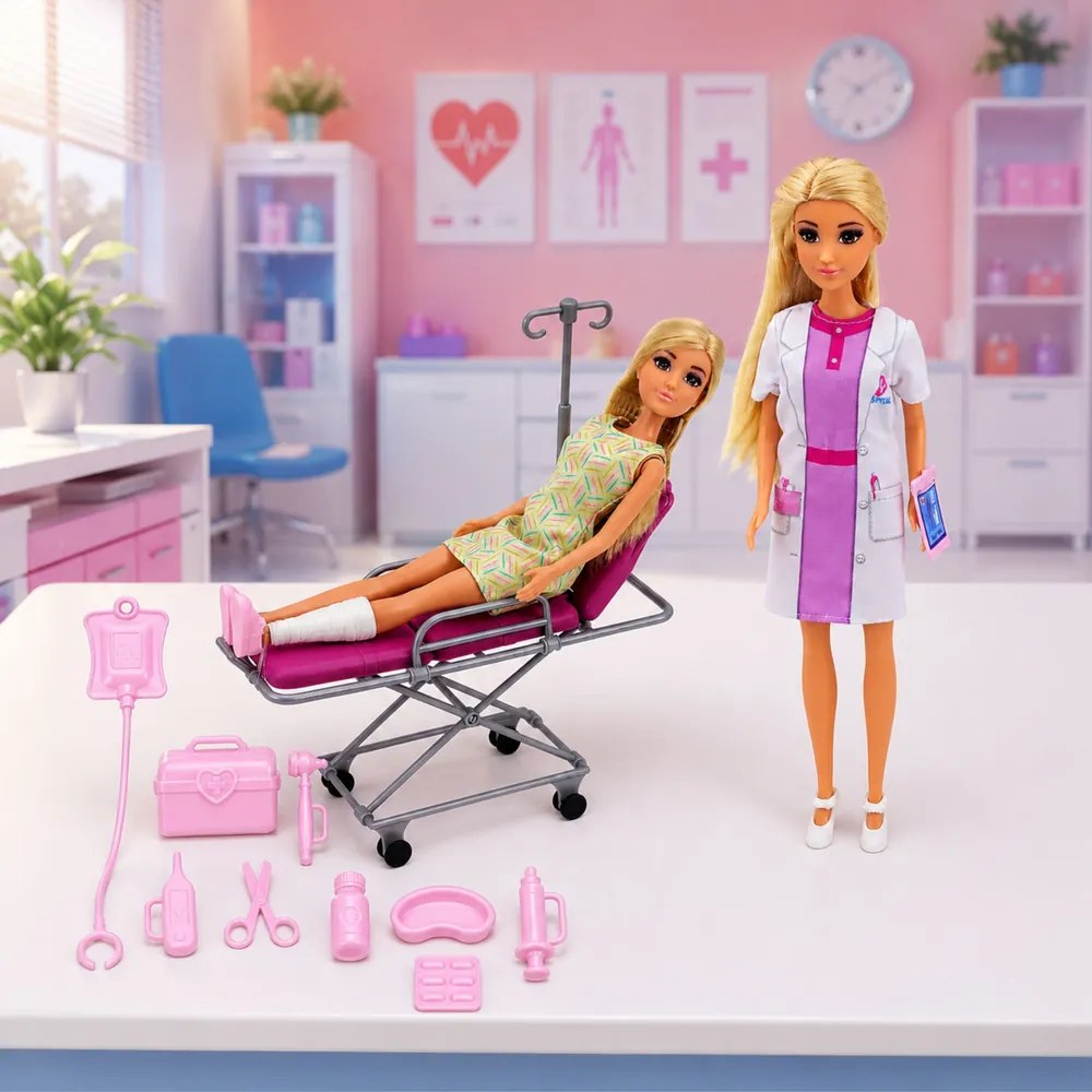 LEAN Toys Bábiky Anlily – Lekárka s pacientkou, nemocničná posteľ, infúzia, príslušenstvo