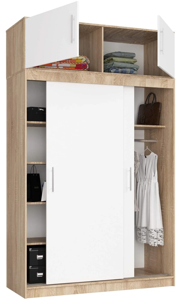 Šatní skříň s posuvnými dveřmi a nástavcem MONO CLP 150 cm dub sonoma/bílá