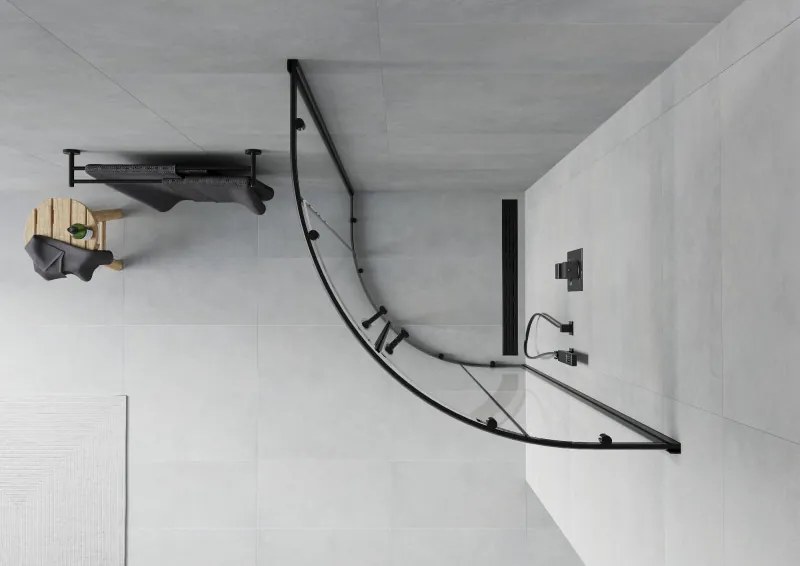 Mexen Rio, štvrťkruhový sprchovací kút s posuvnými dverami 70(dvere) x 70(dvere) x 190 cm, 6mm číre sklo, čierny profil, 863-070-070-70-00
