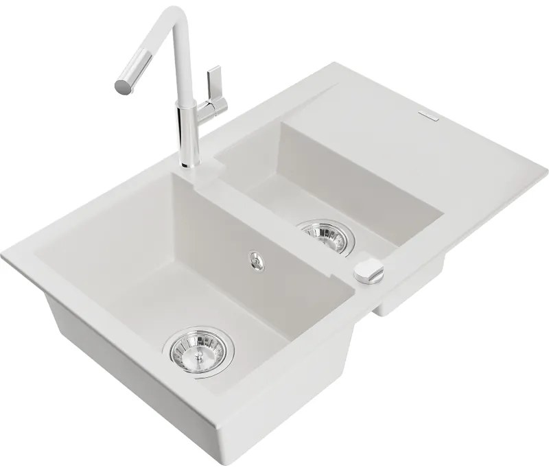 Mexen Gaspar, 1,5-komorový granitový drez 737x475x177 mm a drezová batéria Flora, biela, 6507-20-670401-02