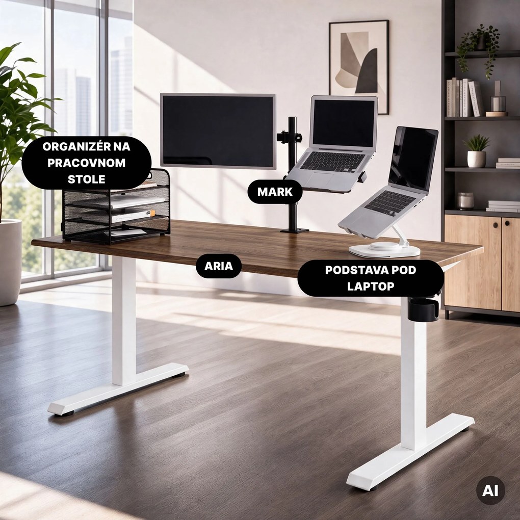 Elektrický stôl s nastaviteľnou výškou ergonomický biely/orech,1600x800 mm: ARIA