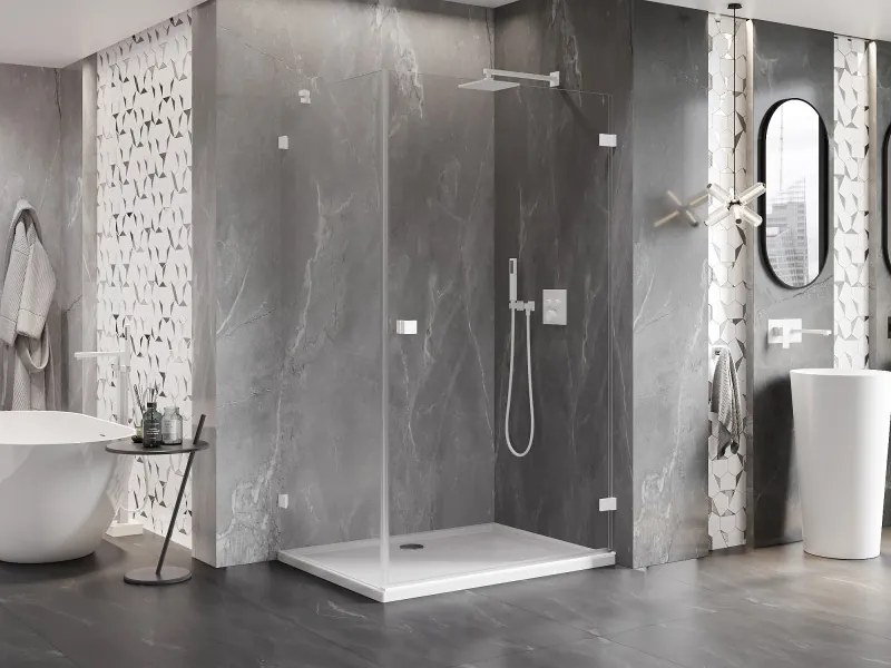 Mexen Lunar-B, pravostranný výklopný sprchový kút 85 x 70 cm, 8mm číre sklo, biely profil, 832-085-070-20-00-P