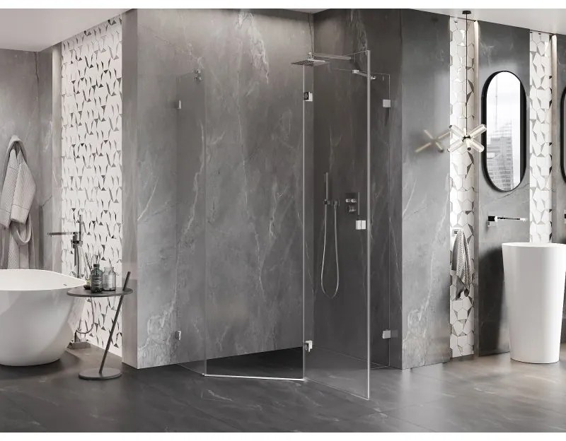 Mexen Lunar, päťuholníkový sprchový kút naklápací vpravo 90 x 80 cm, 8mm číre sklo, chrómový profil, 831-090P-080L-01-00-P