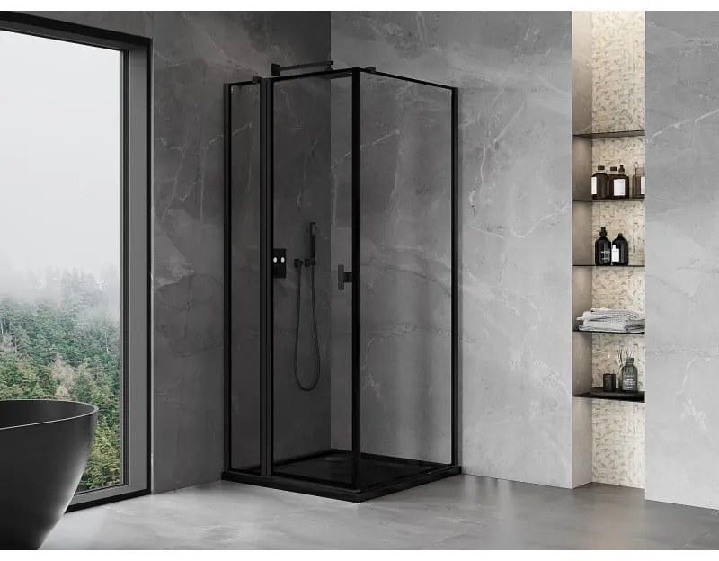 Mexen Mist T, sprchový kút s krídlovými dverami, ľavý, 90 x 90 cm, 8mm číre sklo, čierny profil, 8A4T-090-090-70-70-L