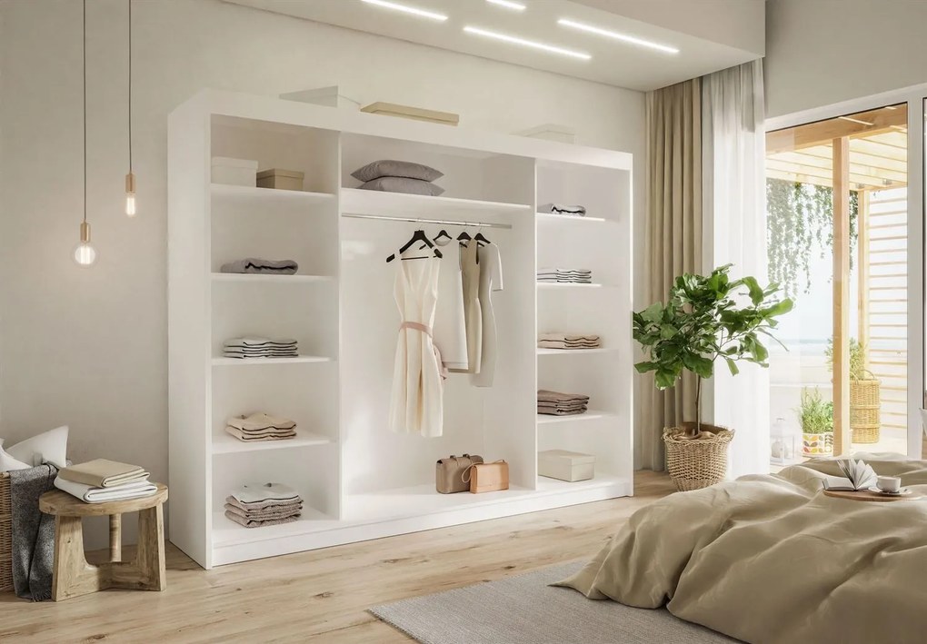 ŠATNÍKOVÁ SKRIŇA S POSUVNÝMI DVERAMI NINA BIELA + ZRKADLO 250 cm