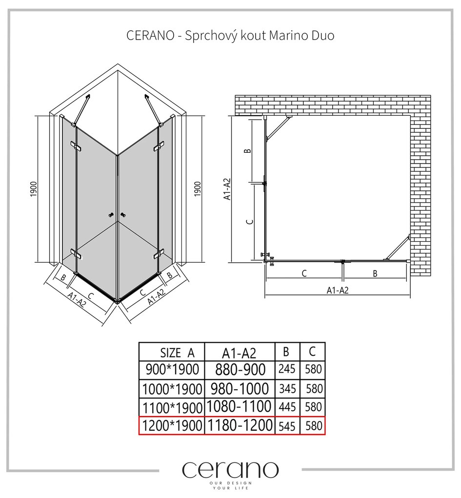 Cerano Marino Duo, sprchovací kút 120(dvere) x 120(dvere), 6mm číre sklo, chrómový profil, CER-CER-422919