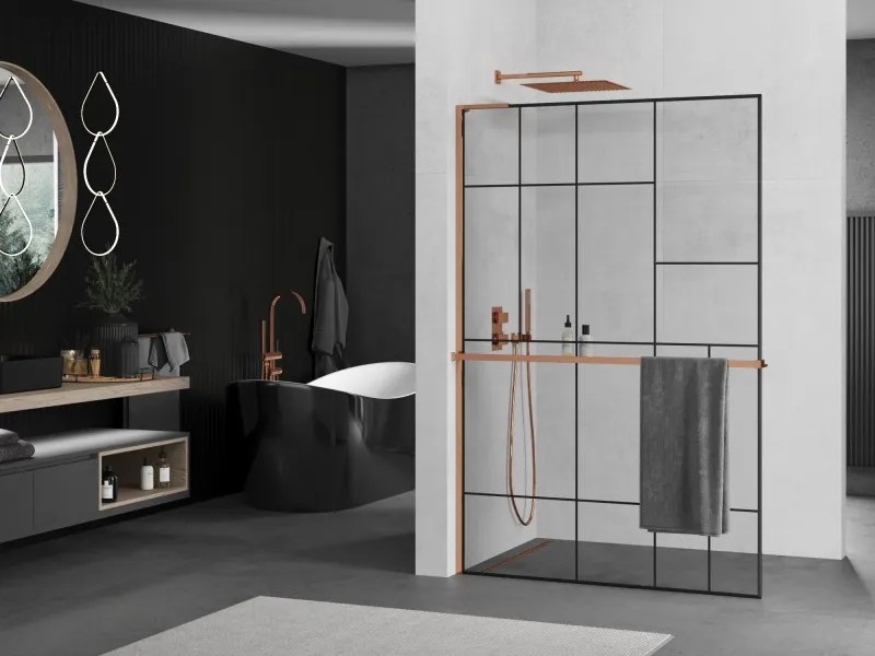 Mexen Kioto+ L, sprchová zástena Walk-In s poličkou a vešiakom 80 x 200 cm, 8mm číre sklo čierny vzor, ružové zlato profil, 800-080-123-60-78