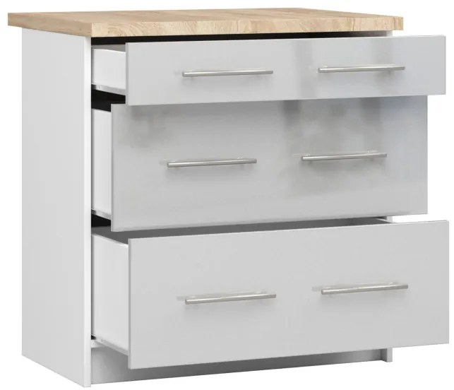 Spodná kuchynská skrinka s doskou OLIWIA S80 3SZ biela / metalická, lesk