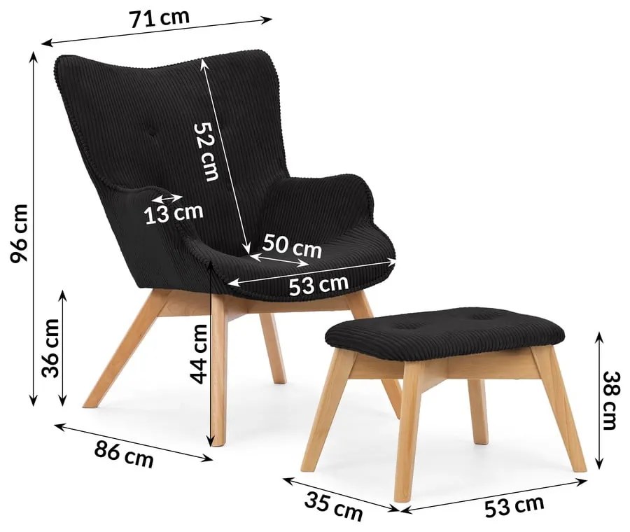 Čierne menčestrové kreslo s podnožkou Niko – Ropez