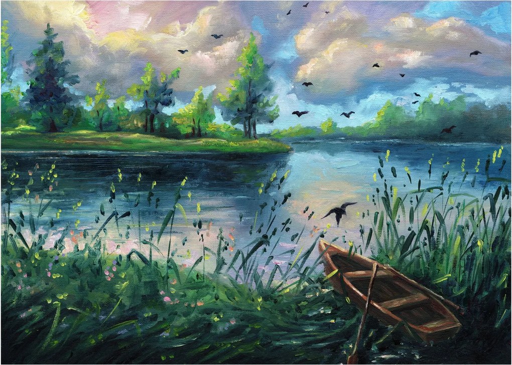 Sklenený obraz - Olejomaľba, Letný podvečer pri jazere (70x50 cm)