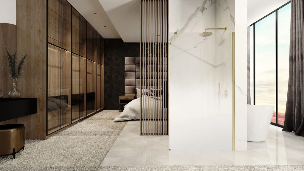 Rea Aero Ombre, sprchová zástena Walk-In 120x195 cm, 8mm číre sklo s bielym vzorom, zlatý matný profil, REA-K2466