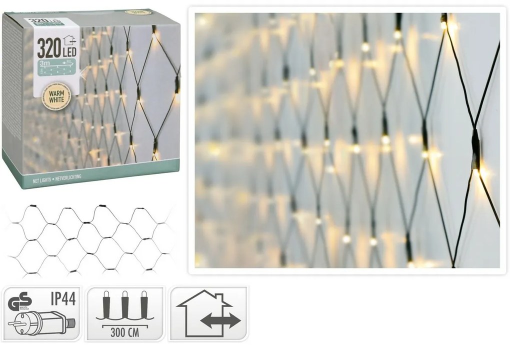 LED Vianočná svetelná sieť teplá biela, 320x LED, 300 x 150 cm