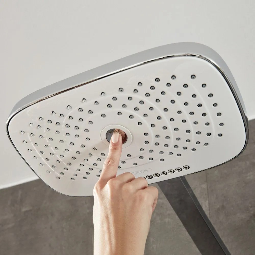 HANSGROHE Raindance Select E Showerpipe nástenný sprchový systém s termostatom ShowerTablet Select 300, horná sprcha 3jet 318 x 190 mm, ručná sprcha 3jet, biela/chróm, 27127400