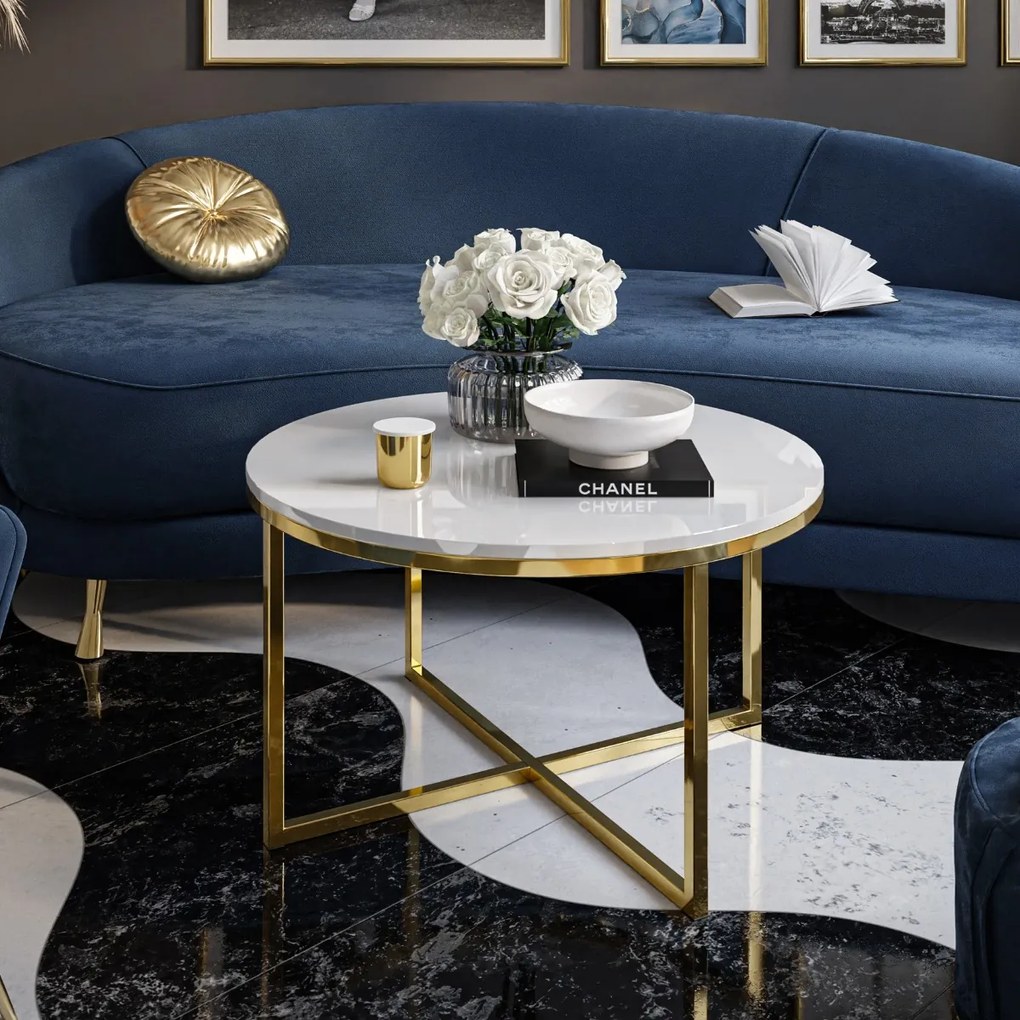 OKRÚHLY KONFERENČNÝ STOLÍK LEONARDO X ZLATÝ PODSTAVEC + BIELY LESK