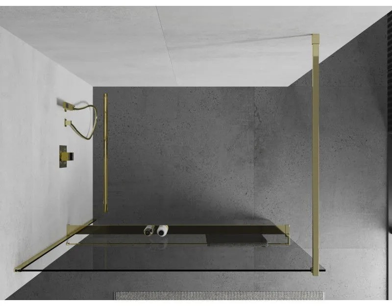 Mexen Kioto+, sprchová zástena s poličkou a držiakom na uteráky 110 x 200 cm, 8mm číre sklo, zlatý profil, 800-110-121-50-00