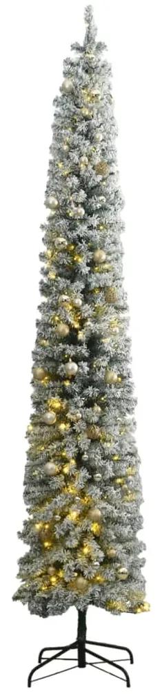 Úzky vianočný stromček 300 LED, zasnežený s guľami 300 cm 3210232