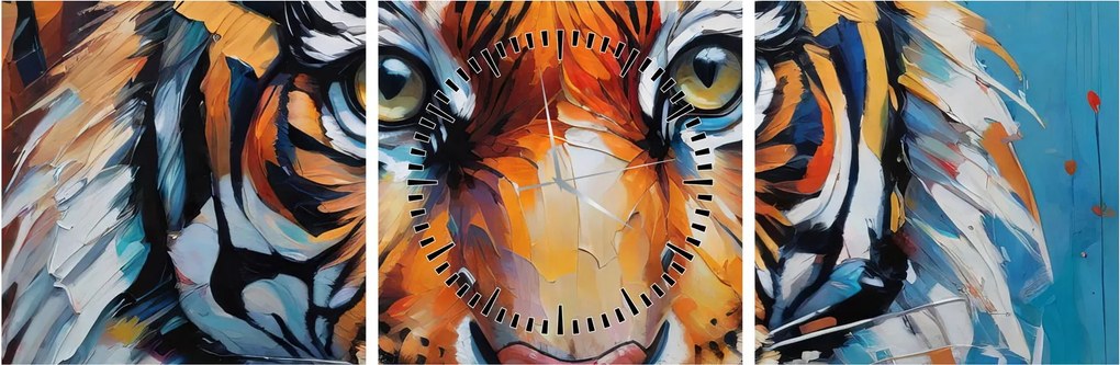 Obraz - Pohľad tigra, maľba (s hodinami) (90x30 cm)