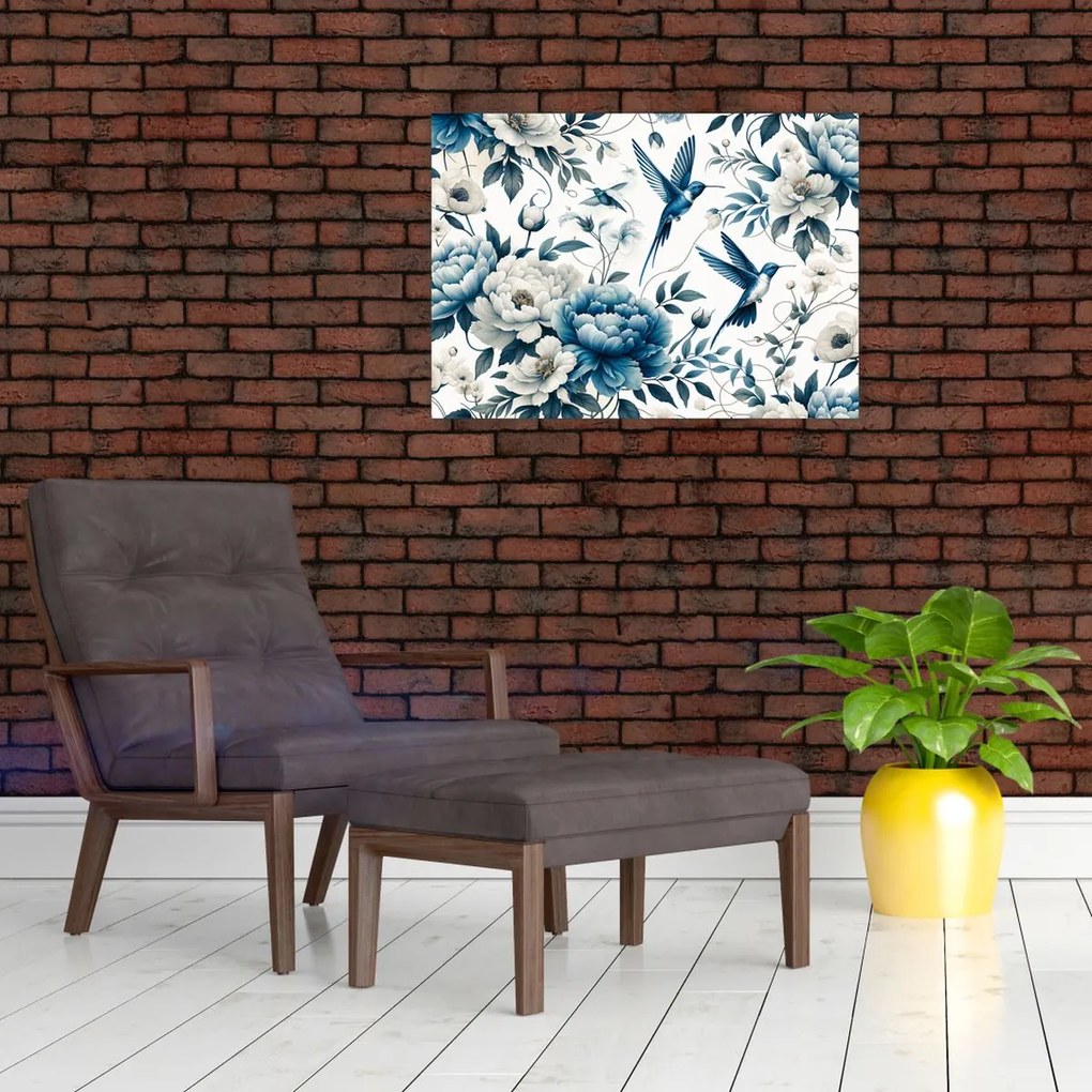 Obraz - Kolibríky s kvetmi (70x50 cm)
