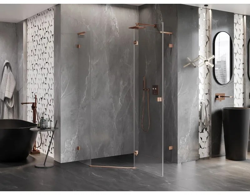 Mexen Lunar, L pravý výklopný päťuholníkový sprchový kút 90 x 80 cm, 8mm číre sklo, profil medená matná, 831L-090P-080L-65-00-P