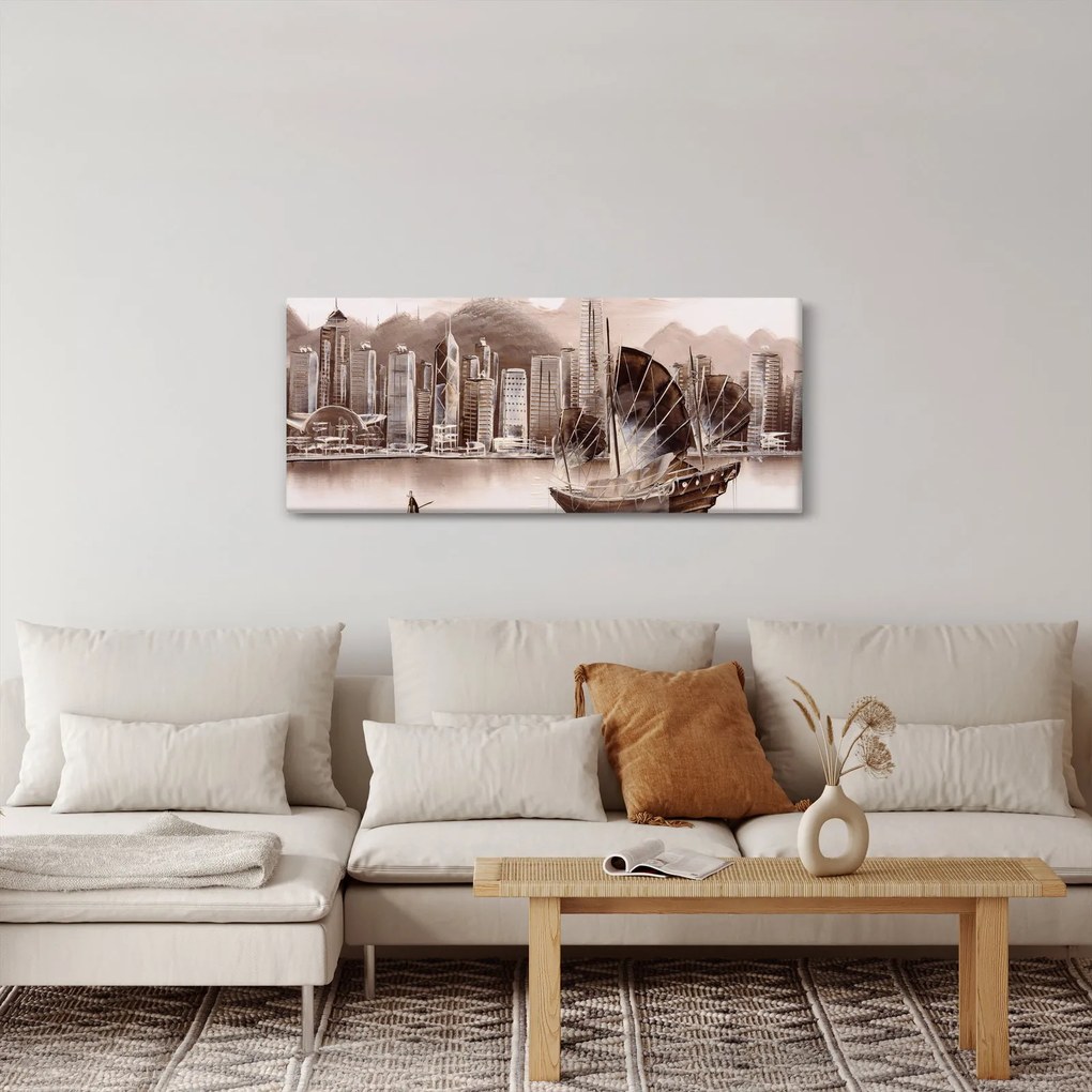 Obrázok - Victoria Harbor, Hong Kong, sépiový efekt (120x50 cm)
