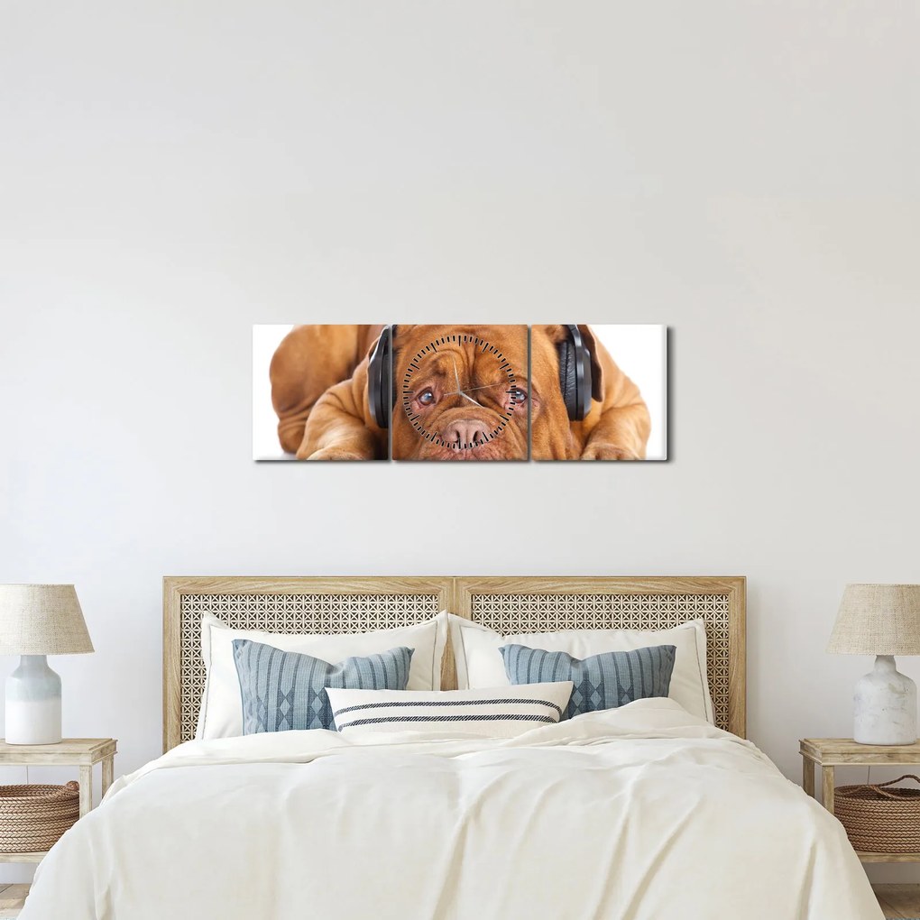 Obraz psa so slúchadlami (s hodinami) (90x30 cm)