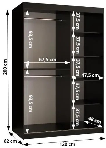 Šatníková skriňa Riven 2 120 (biela matná + čierna matná) (so zrkadlom). Vlastná spoľahlivá doprava až k Vám domov. 1064170