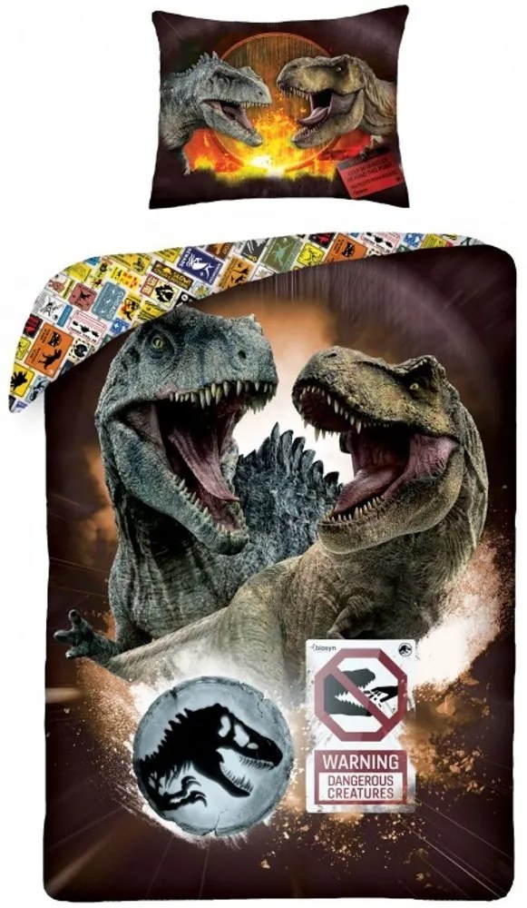 Bavlnené posteľné obliečky Jurský park – motív Súboj dinosaurov - 100% bavlna - 70 x 90 cm + 140 x 200 cm
