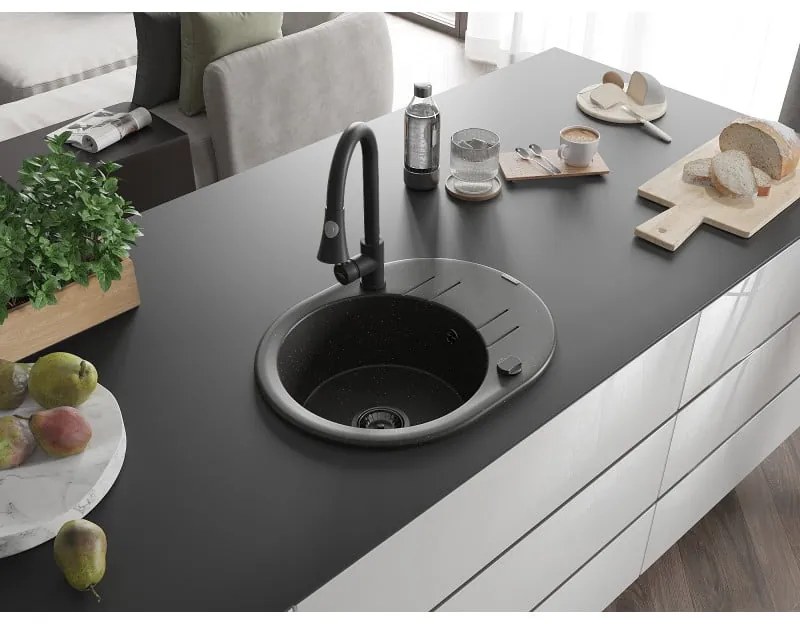 Mexen Kevin, 1-komorový granitový drez 586x458x190 mm a drezová batéria Elia, čierna-zlatá metalíza, 6517-75-670101-70-B