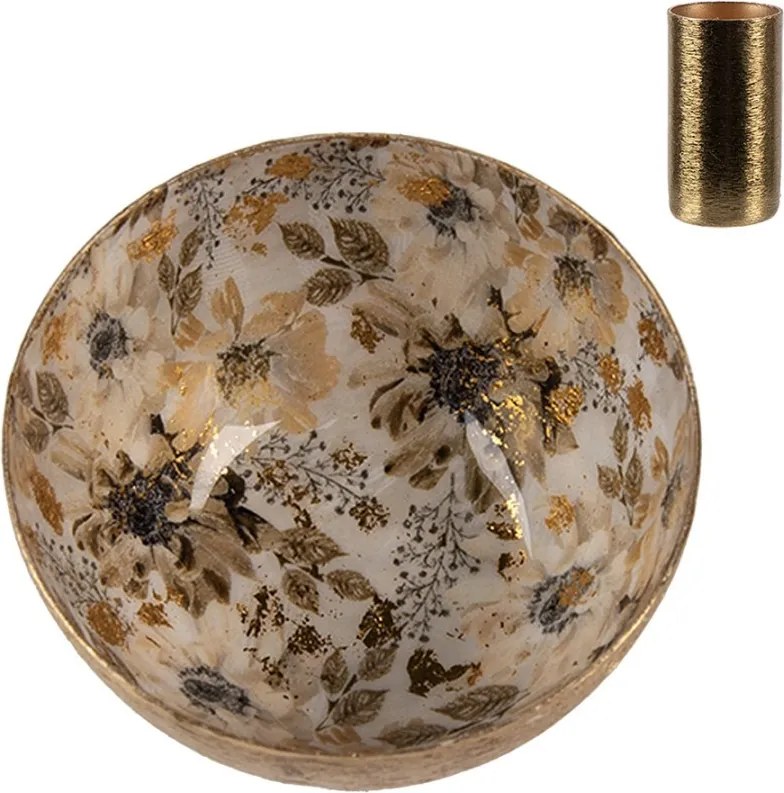 Bielo-zlatý kovový svietnik s béžovými kvetmi Flowers Gold - Ø 8*4 cm