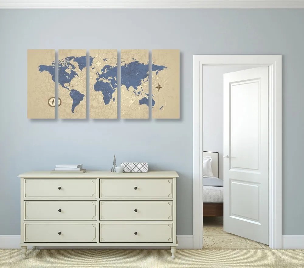 5-dielny obraz mapa sveta s kompasom v retro štýle - 200x100