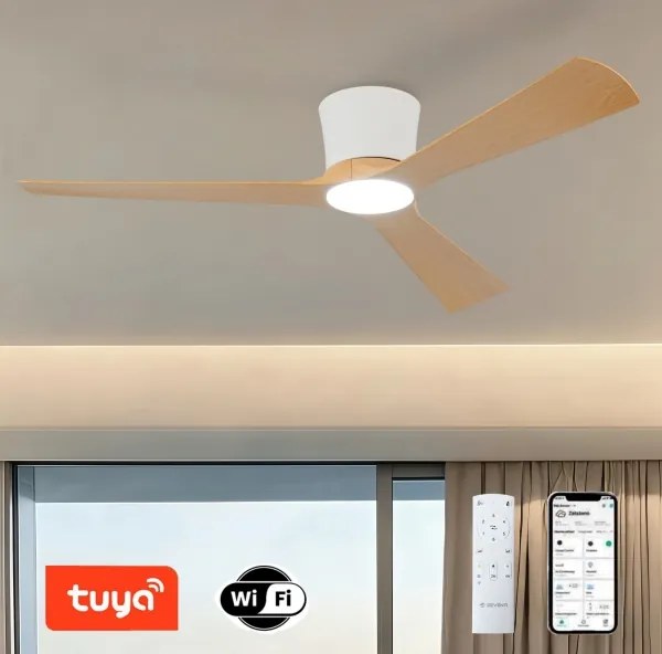 ZEVENTI - LED stropný ventilátor AUREX LED/24W/230V Wi-Fi Tuya biela/dub + diaľkový ovládač
