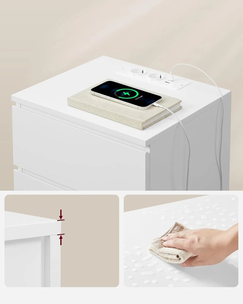 Nočný stolík 2-dielna sada, s 2 sieťovými zásuvkami a 2 USB portami, biela farba