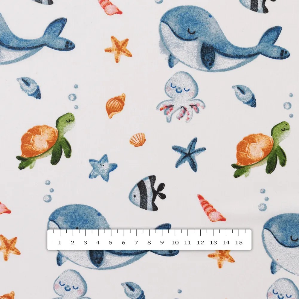 Biante Detský bavlnený štvorcový obrus Sandra SA-660 Modré veľryby a morské zvieratká na bielom 90x90 cm