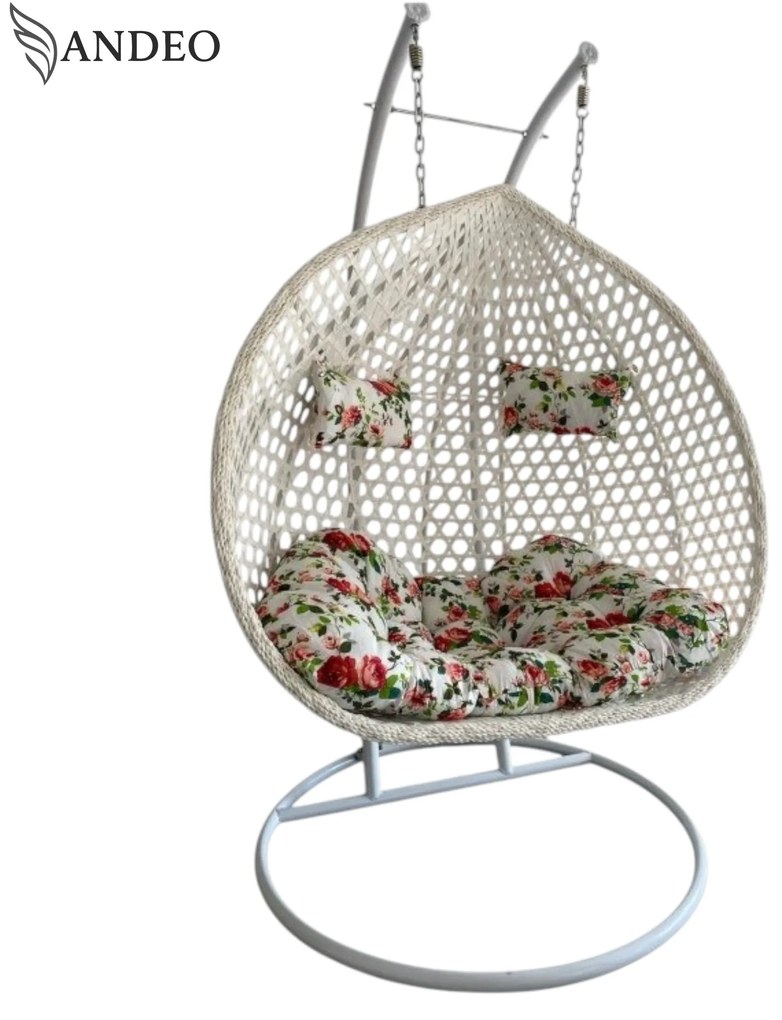 Závesné hojdacie dvojkreslo FIORI EXTRA nosnosť 250kg - biele s kvetovanými vankúšmi