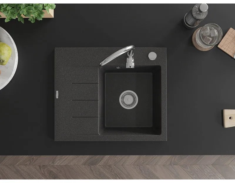 Mexen Ben, 1-komorový granitový drez 600x500x190 mm, pravý + chrómový sifón, čierna škvrnitá, 6523605000-76