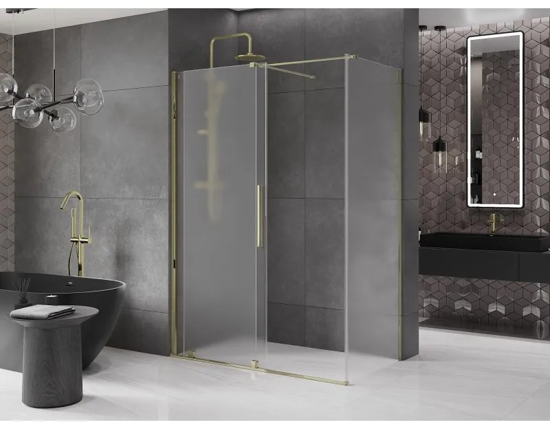 Mexen Velar, sprchový kút s posuvnými dverami 150 x 75 cm, 8mm sklo námraza, zlatá lesklá, 871-150-075-31-50