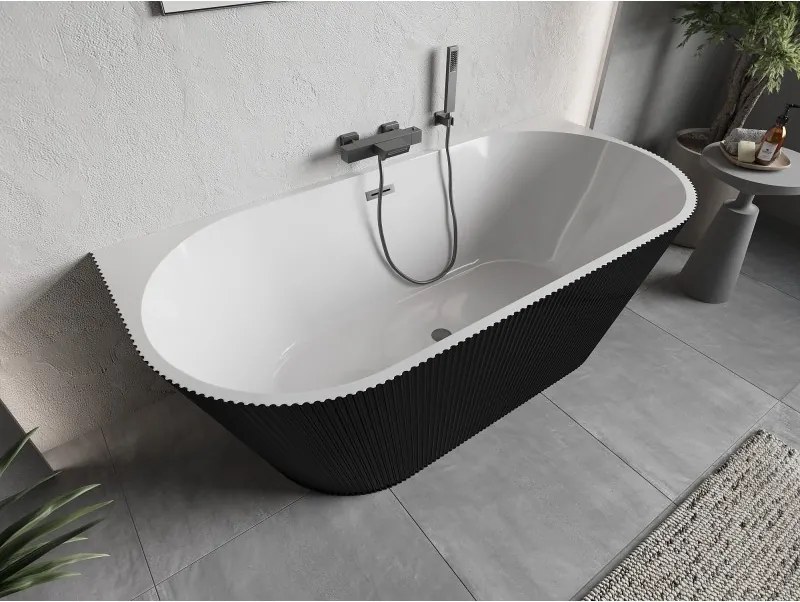 Mexen Oris, voľne stojaca ryhovaná vaňa 170 x 80 cm, biela-čierna, grafitový prepad, 52871708075-95